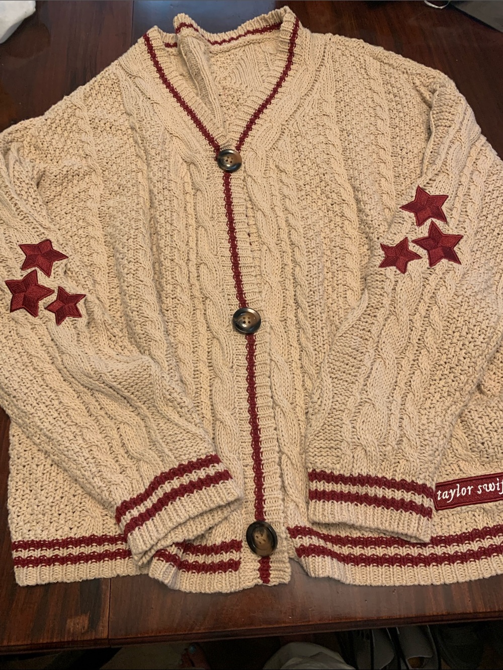 Cream and Red Cable Cardigan with Red Trim and Star Elbow Patches. Any size L/XL